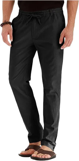 Men's Elastic Drawstring Waist Linen Pants Casual Lightweight Straight Leg Loose Fit Trousers for Beach Yoga Fall Wear