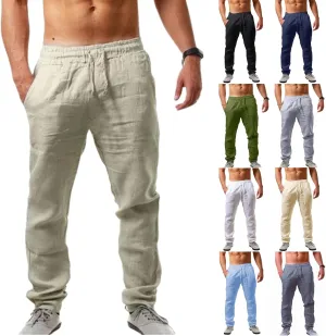 Men's Linen Pants Lightweight Breathable Loose Fit Elastic Drawstring Waist Quick Dry for Yoga Beach Casual Wear