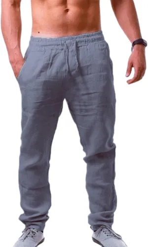 Men's Linen Pants Lightweight Breathable Loose Fit Elastic Drawstring Waist Quick Dry for Yoga Beach Casual Wear