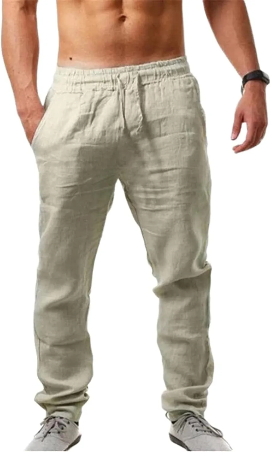 Men's Linen Pants Lightweight Breathable Loose Fit Elastic Drawstring Waist Quick Dry for Yoga Beach Casual Wear