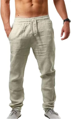 Men's Linen Pants Lightweight Breathable Loose Fit Elastic Drawstring Waist Quick Dry for Yoga Beach Casual Wear