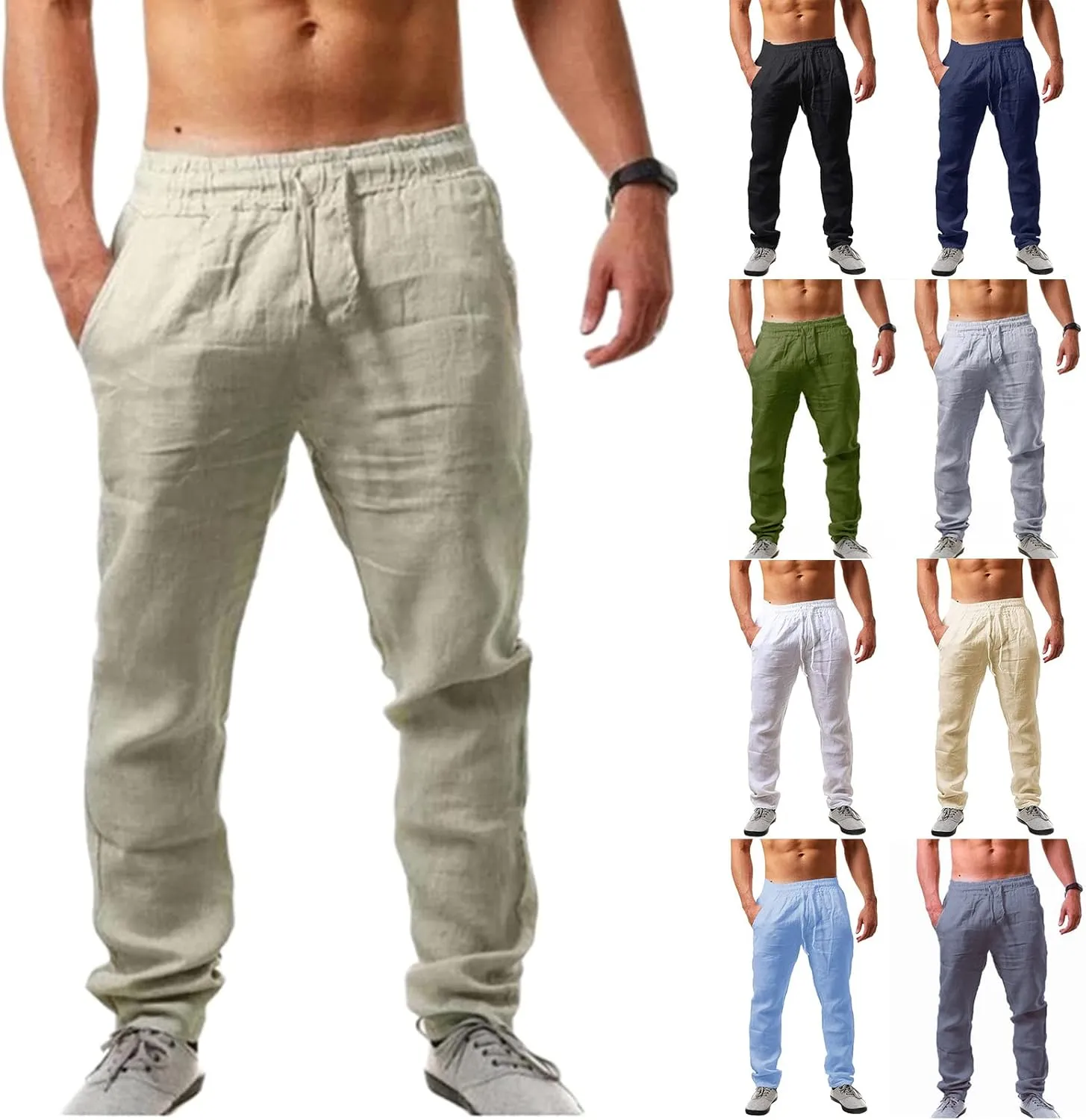 Men's Linen Pants Lightweight Breathable Loose Fit Elastic Drawstring Waist Quick Dry for Yoga Beach Casual Wear