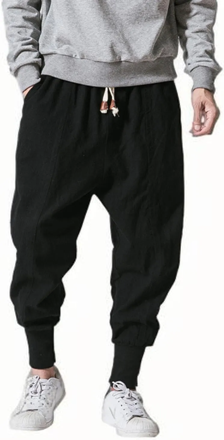Mens Linen Pants Loose Casual Drawstring Summer Lounge Pants Baggy Solid Color Workout Joggers with Pokctes