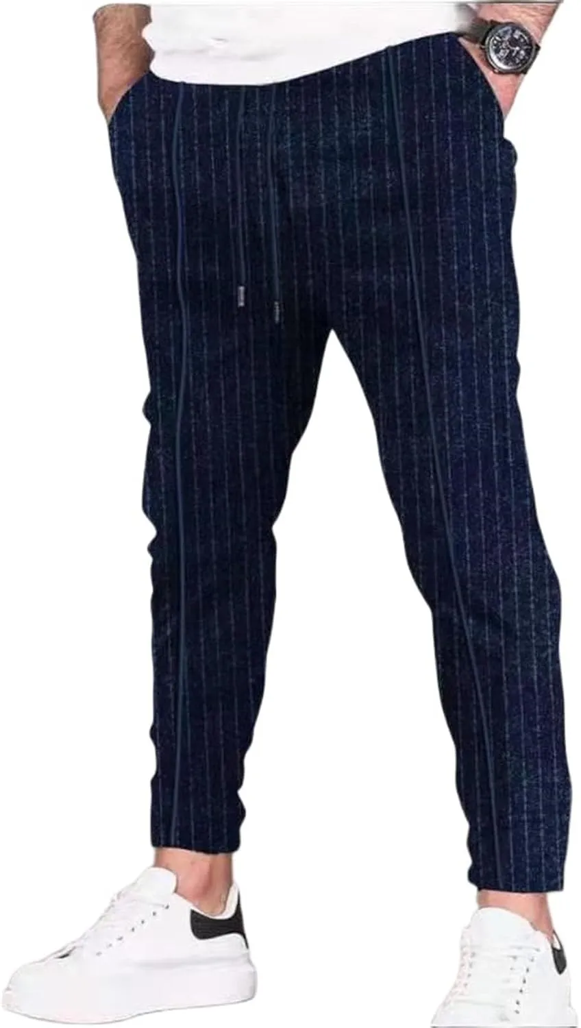 Mens Striped Linen Pants Casual Drawstring Waist Lightweight Cotton Pants Loose Fit Sports Work Pants for Sporty Looks