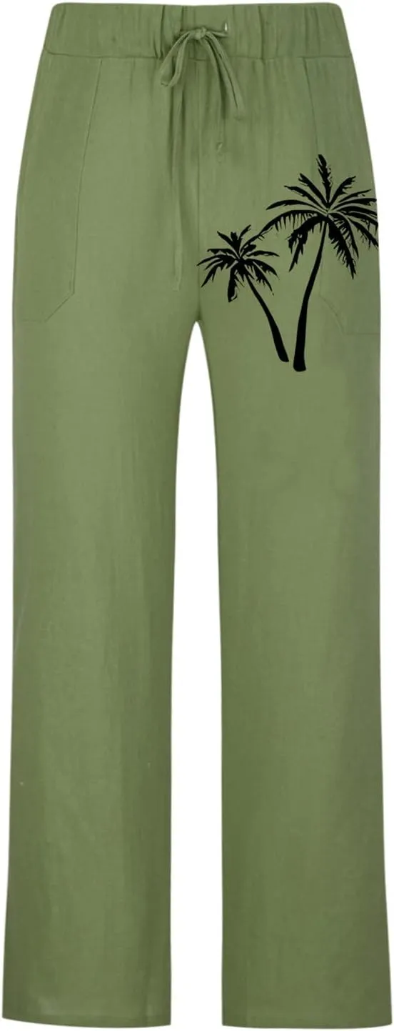 Mens Summer Cotton Linen Pants Coconut Tree Printed Straight Leg Hawaiian Pants Elastic Waist Vintage Yoga Trousers
