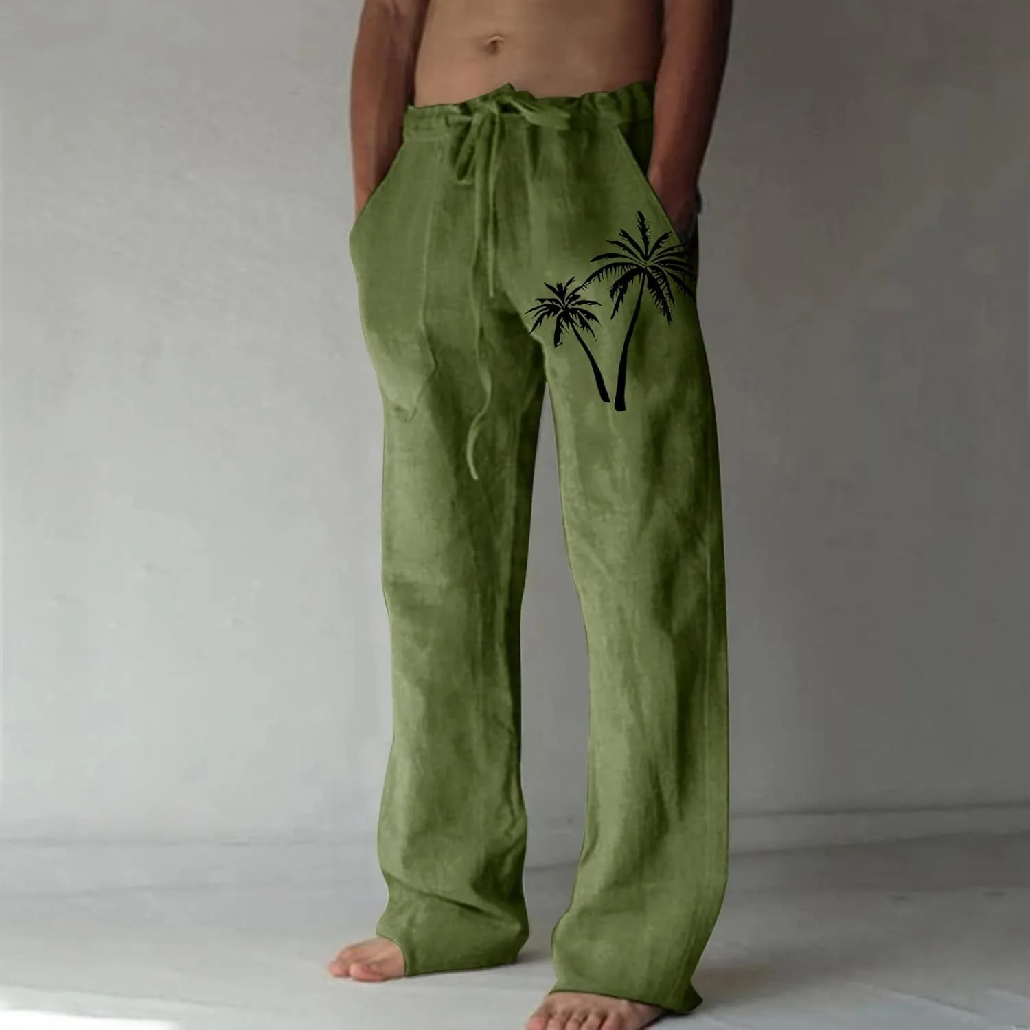 Mens Summer Cotton Linen Pants Coconut Tree Printed Straight Leg Hawaiian Pants Elastic Waist Vintage Yoga Trousers