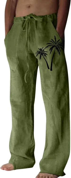 Mens Summer Cotton Linen Pants Coconut Tree Printed Straight Leg Hawaiian Pants Elastic Waist Vintage Yoga Trousers