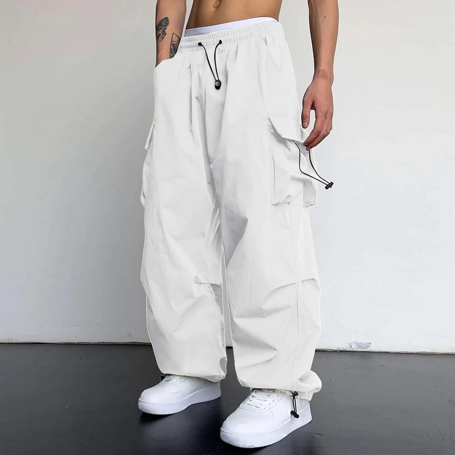 Men's Trendy Loose Fit Baggy Parachute Cargo Pants Drawstring Casual Harem Joggers with Pockets for Outdoor Work Beach