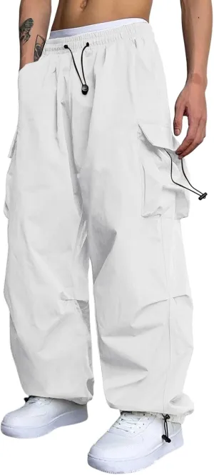 Men's Trendy Loose Fit Baggy Parachute Cargo Pants Drawstring Casual Harem Joggers with Pockets for Outdoor Work Beach