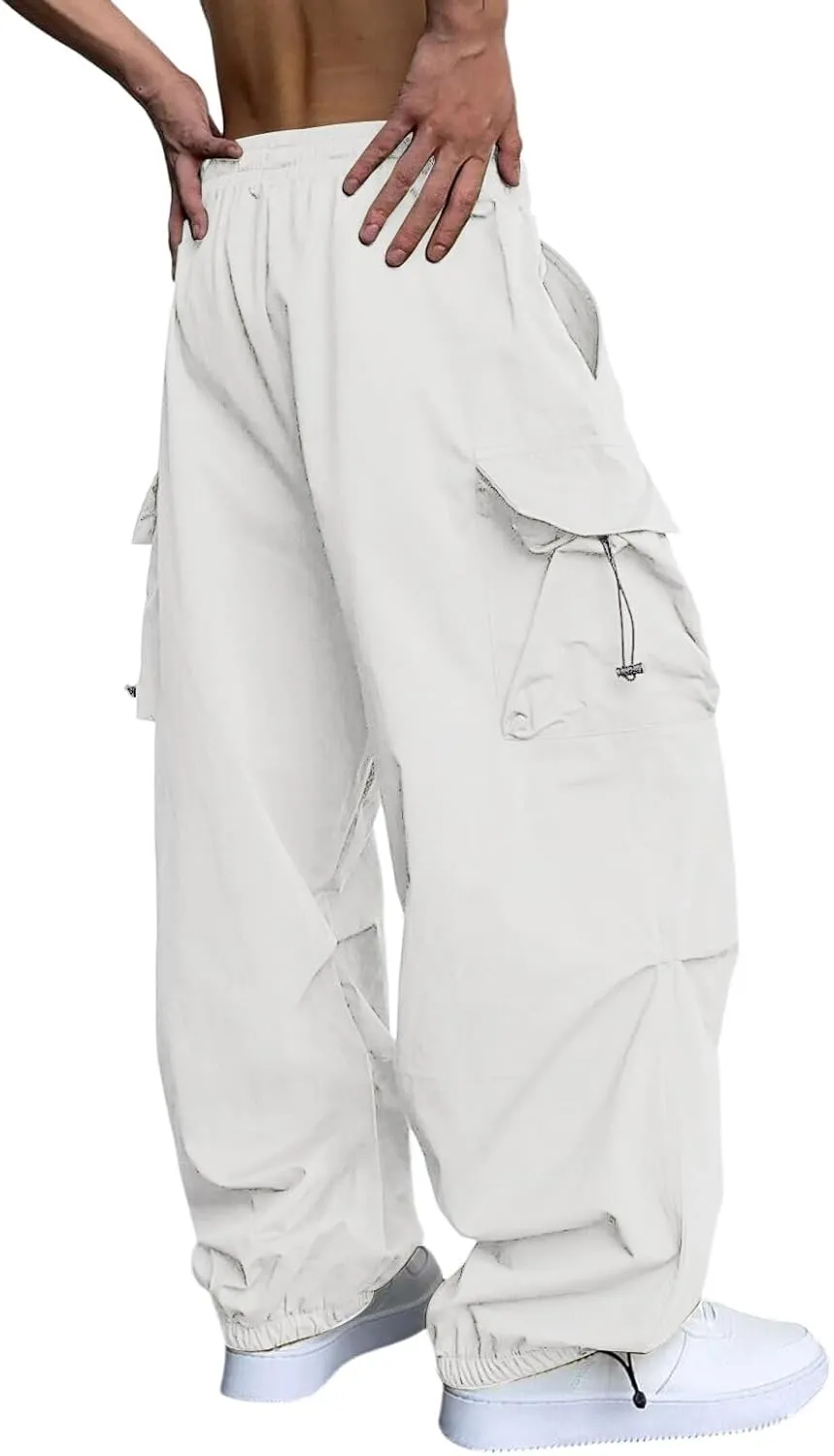 Men's Trendy Loose Fit Baggy Parachute Cargo Pants Drawstring Casual Harem Joggers with Pockets for Outdoor Work Beach