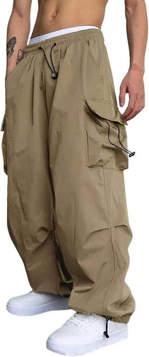 Men's Trendy Loose Fit Baggy Parachute Cargo Pants Drawstring Casual Harem Joggers with Pockets for Outdoor Work Beach