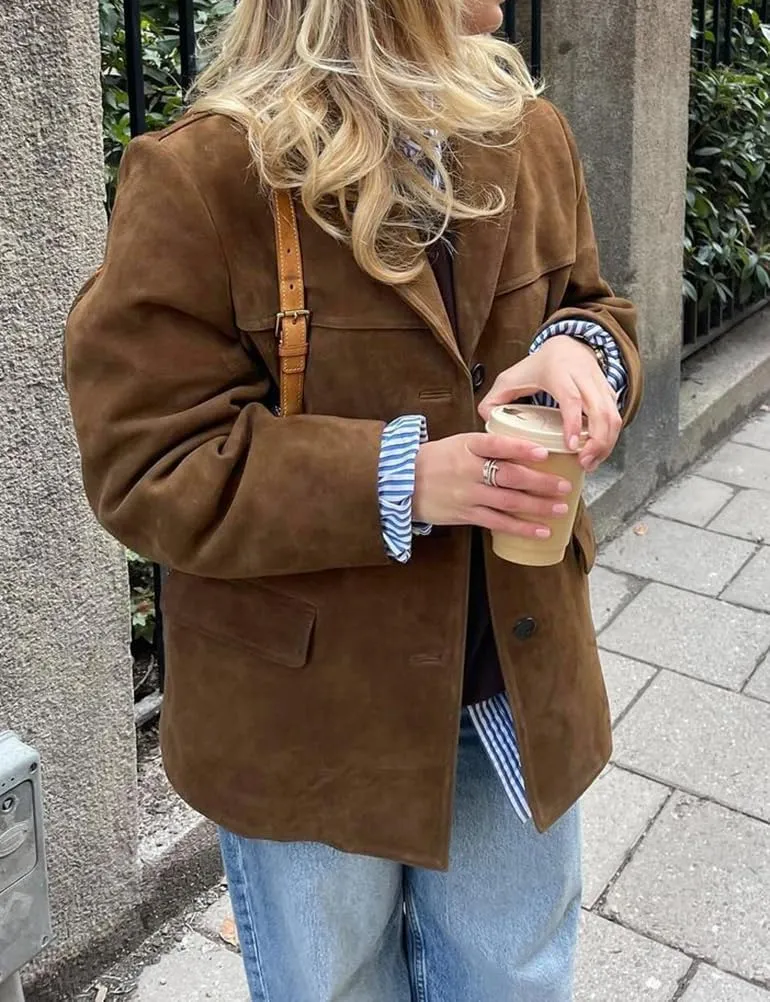 Mywinway Suede Jacket for Women 2024 Fall Winter Y2k Oversized Trendy Faux Leather Blazer Jackets Trench Coat