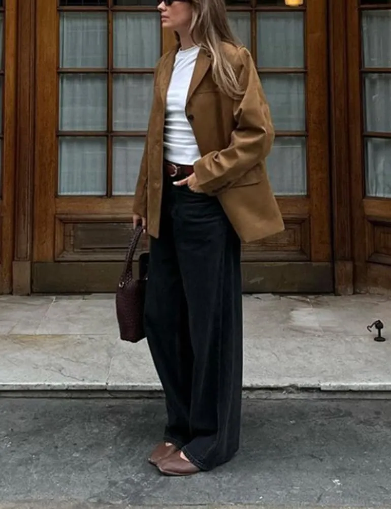 Mywinway Suede Jacket for Women 2024 Fall Winter Y2k Oversized Trendy Faux Leather Blazer Jackets Trench Coat