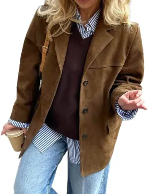 Mywinway Suede Jacket for Women 2024 Fall Winter Y2k Oversized Trendy Faux Leather Blazer Jackets Trench Coat