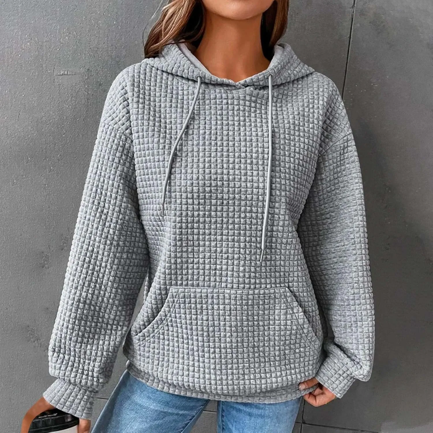 Oversized Hoodie for Women Plus Size Long Sleeve Waffle Sweatshirt Casual Loose Pullover Trendy Tops with Pocket