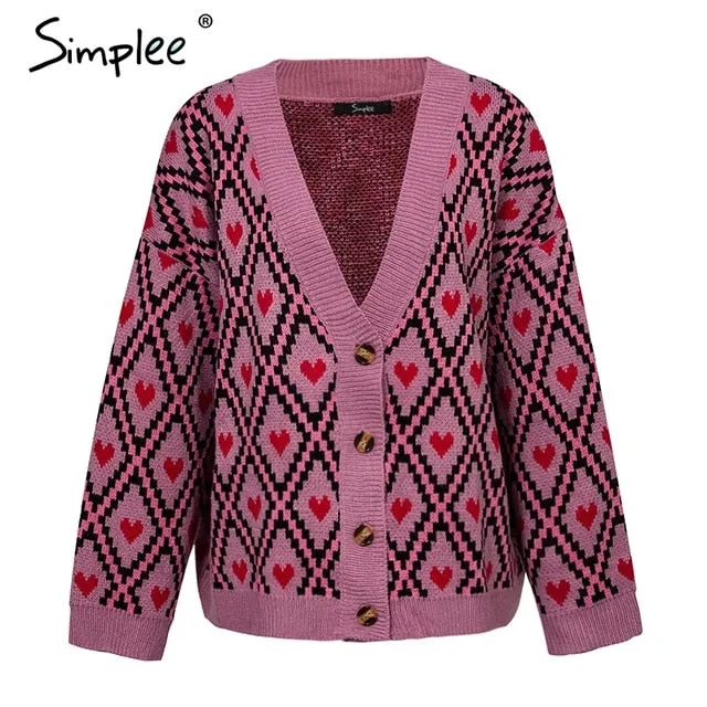 Oversized Sweater Simplee Heart print ladies knitted cardigan female