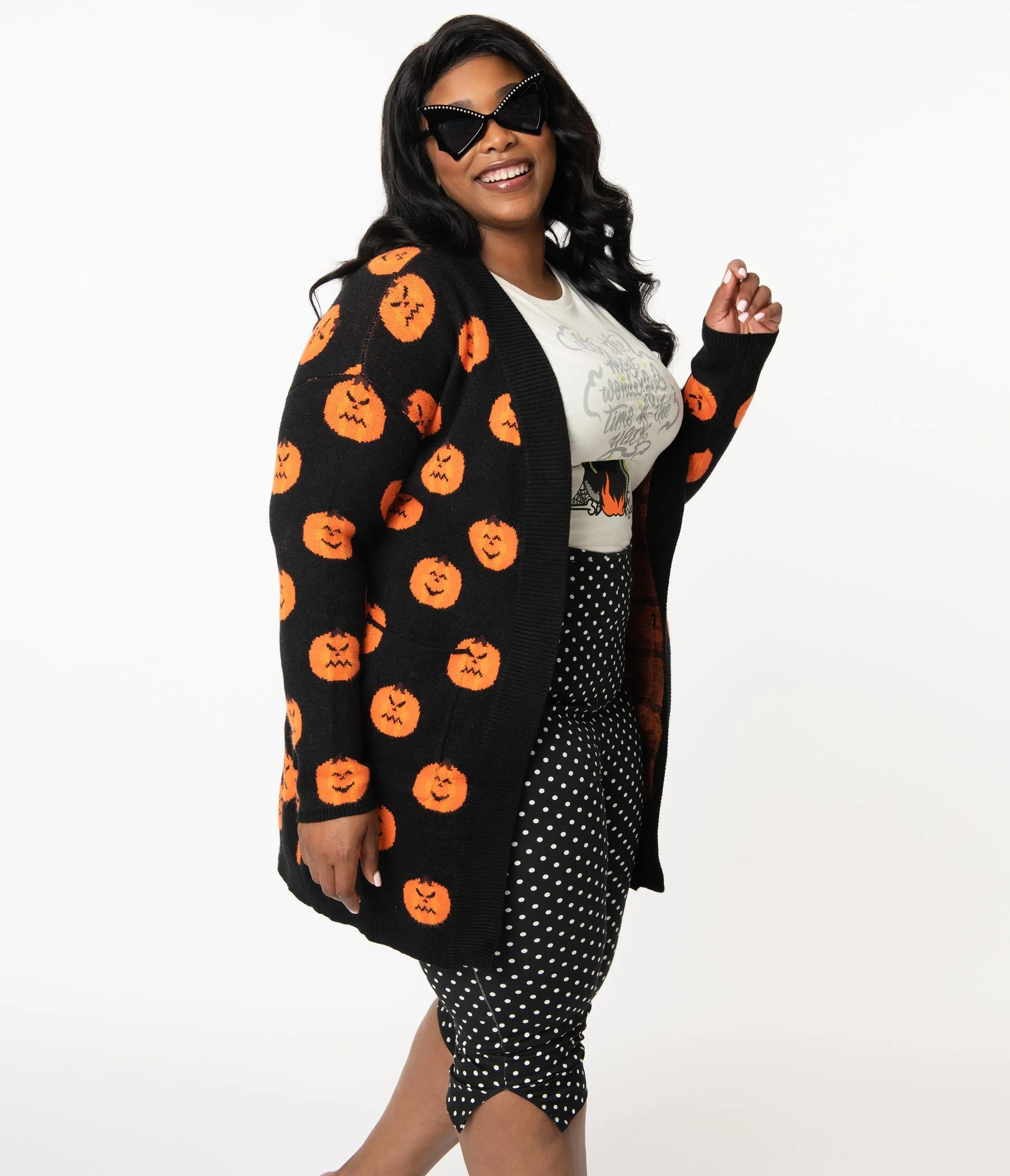 Plus Size Black & Orange Pumpkins Open Long Cardigan