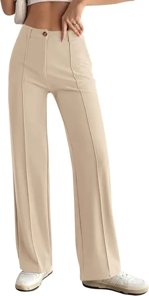 PRETTYGARDEN Straight Leg Pants Stretchy Button Business Casual Work Trousers Knit Elastic Waist Slacks