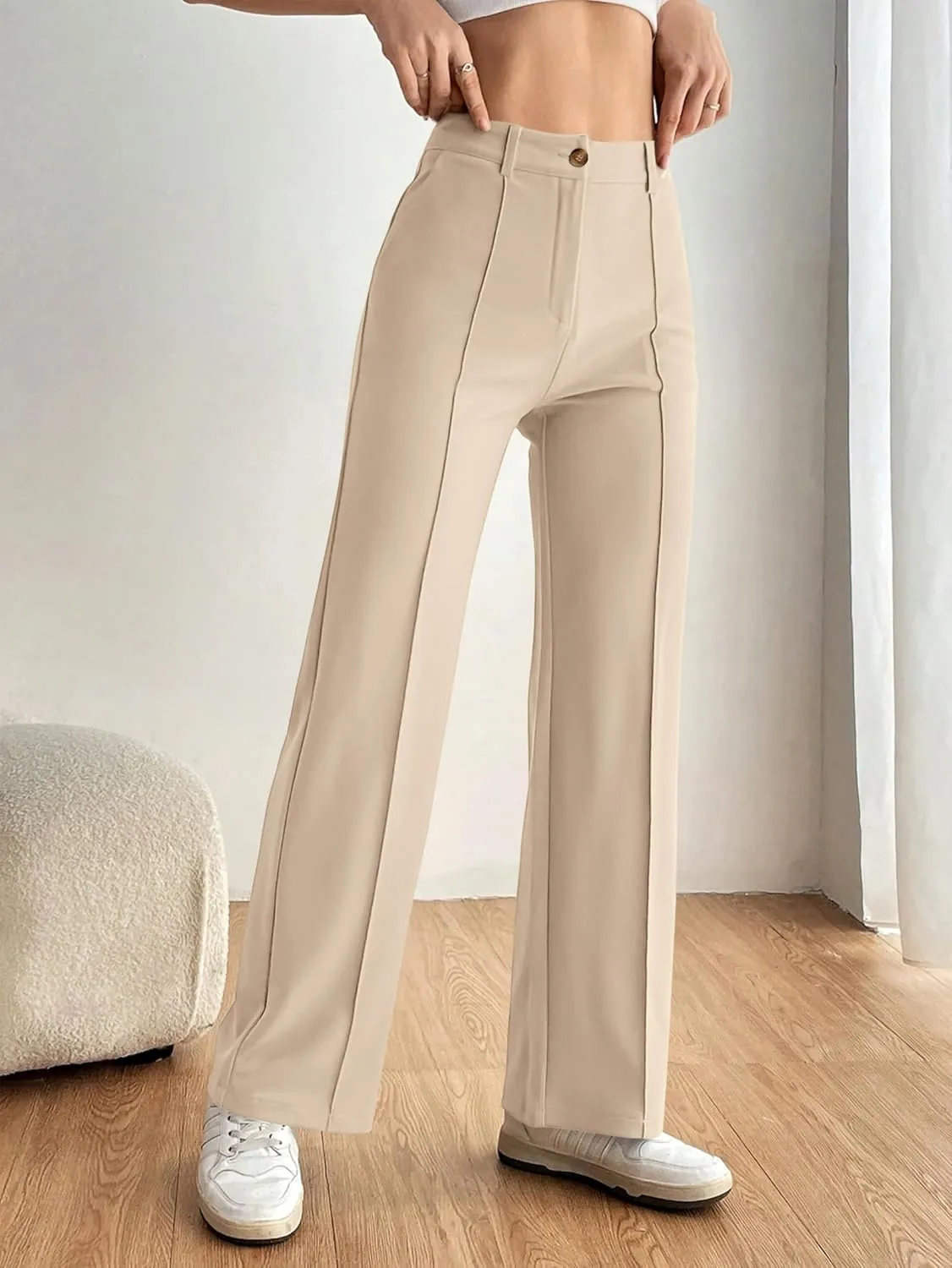 PRETTYGARDEN Straight Leg Pants Stretchy Button Business Casual Work Trousers Knit Elastic Waist Slacks