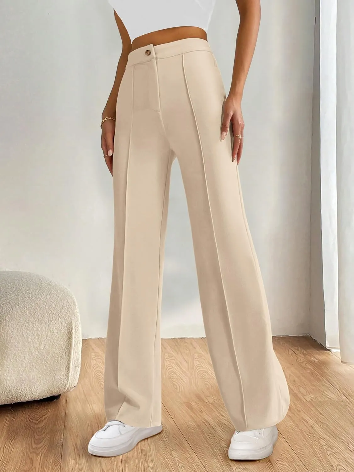 PRETTYGARDEN Straight Leg Pants Stretchy Button Business Casual Work Trousers Knit Elastic Waist Slacks