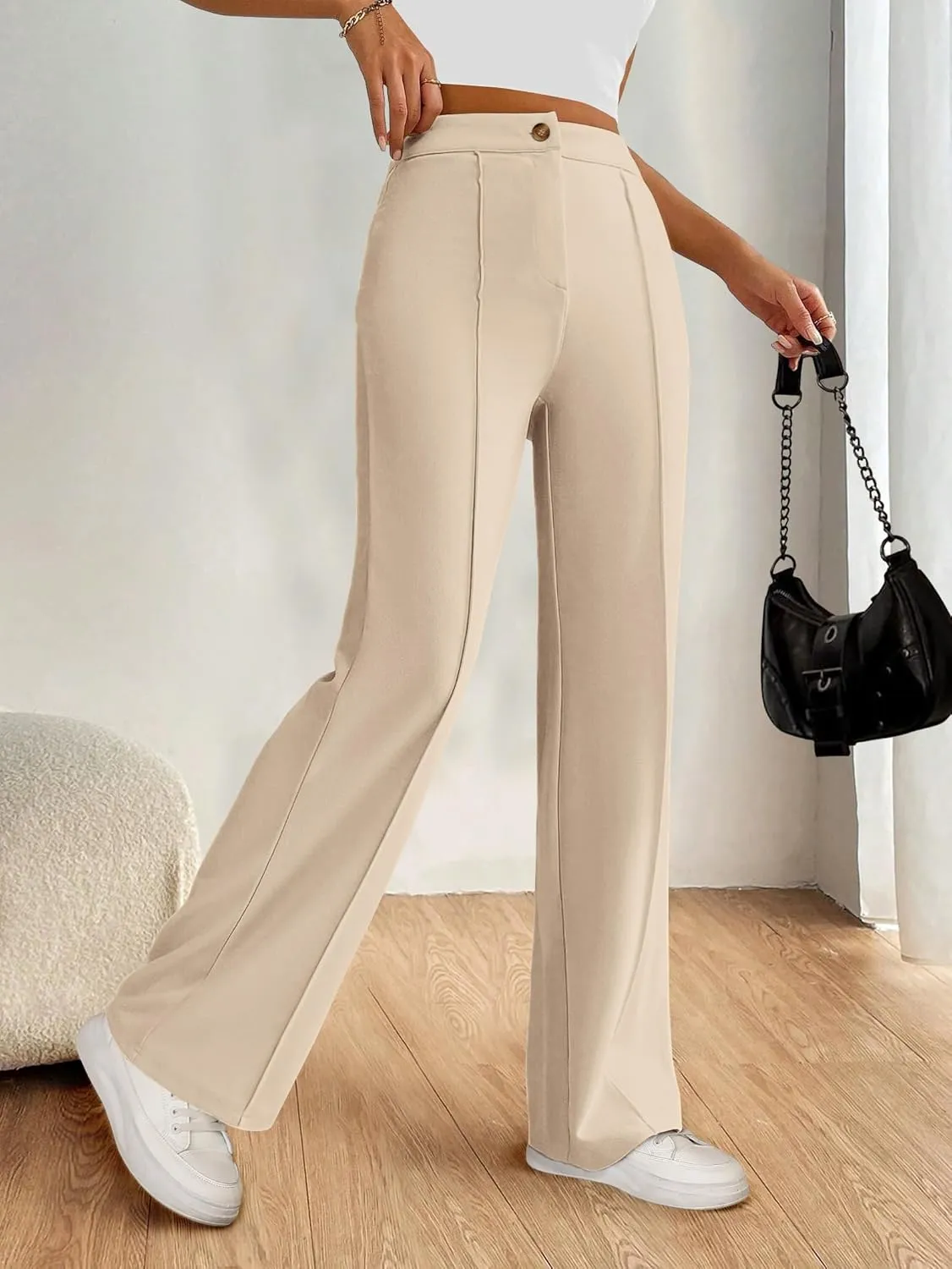 PRETTYGARDEN Straight Leg Pants Stretchy Button Business Casual Work Trousers Knit Elastic Waist Slacks