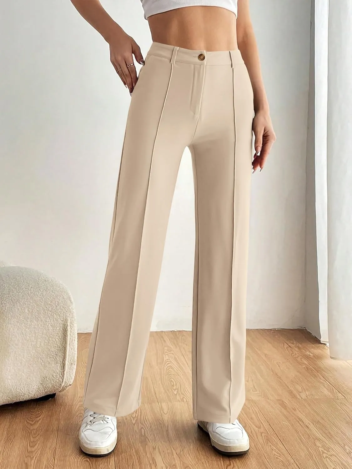 PRETTYGARDEN Straight Leg Pants Stretchy Button Business Casual Work Trousers Knit Elastic Waist Slacks
