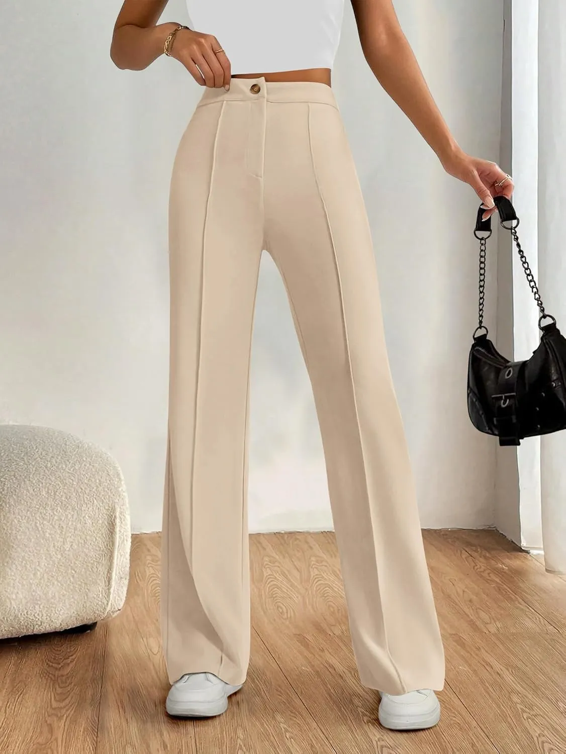 PRETTYGARDEN Straight Leg Pants Stretchy Button Business Casual Work Trousers Knit Elastic Waist Slacks