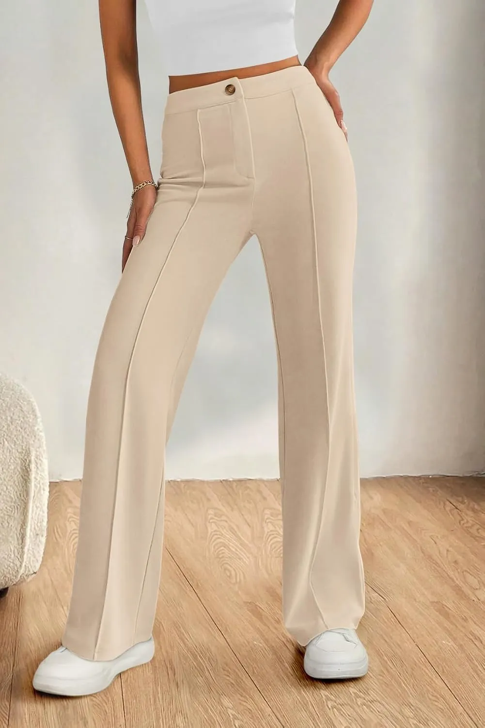 PRETTYGARDEN Straight Leg Pants Stretchy Button Business Casual Work Trousers Knit Elastic Waist Slacks