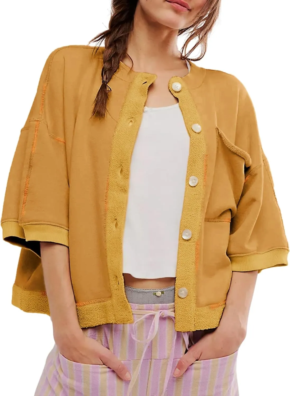 QIBABU Womens Button Down Cardigan Casual Open Front 3/4 Sleeve Crewneck Sweatshirt Tops