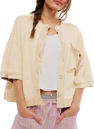 QIBABU Womens Button Down Cardigan Casual Open Front 3/4 Sleeve Crewneck Sweatshirt Tops