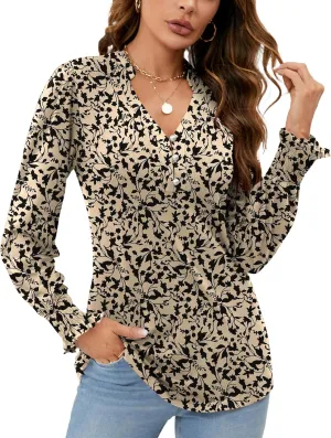 Rapbin Womens V Neck Puff Long Sleeve Button Down Tunic Blouses Fall Tops 2024 Ruffle Cuffs Dressy Casual T-Shirts