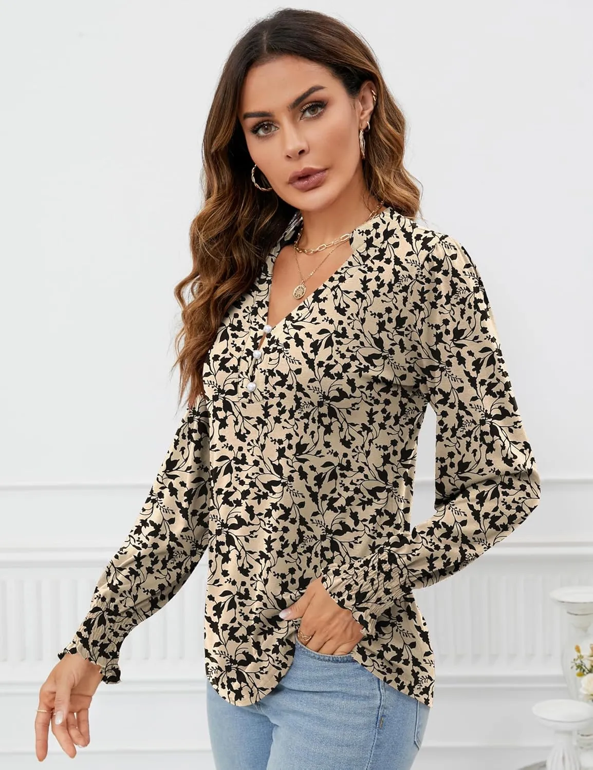Rapbin Womens V Neck Puff Long Sleeve Button Down Tunic Blouses Fall Tops 2024 Ruffle Cuffs Dressy Casual T-Shirts