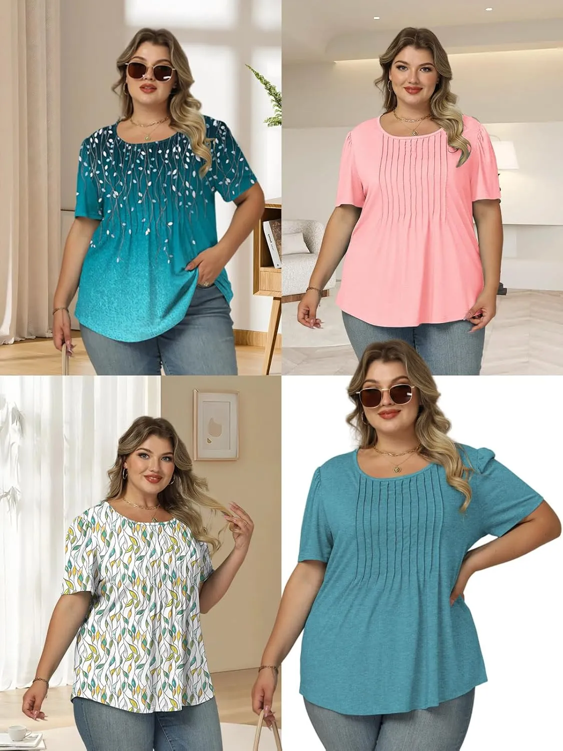 ROSRISS Plus Size Tops for Women Summer Flowy Pleated T Shirts Dressy Crew Neck Tees Casual Short Sleeve Blouses XL-5XL