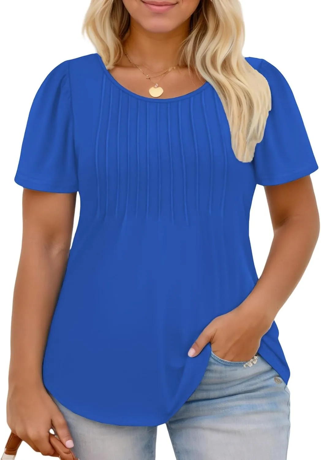 ROSRISS Plus Size Tops for Women Summer Flowy Pleated T Shirts Dressy Crew Neck Tees Casual Short Sleeve Blouses XL-5XL