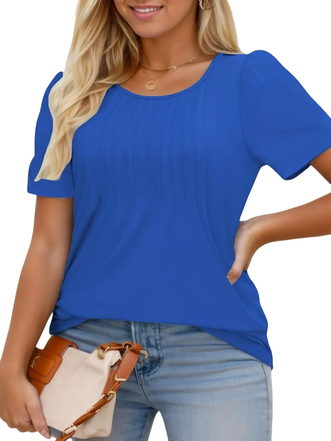 ROSRISS Plus Size Tops for Women Summer Flowy Pleated T Shirts Dressy Crew Neck Tees Casual Short Sleeve Blouses XL-5XL