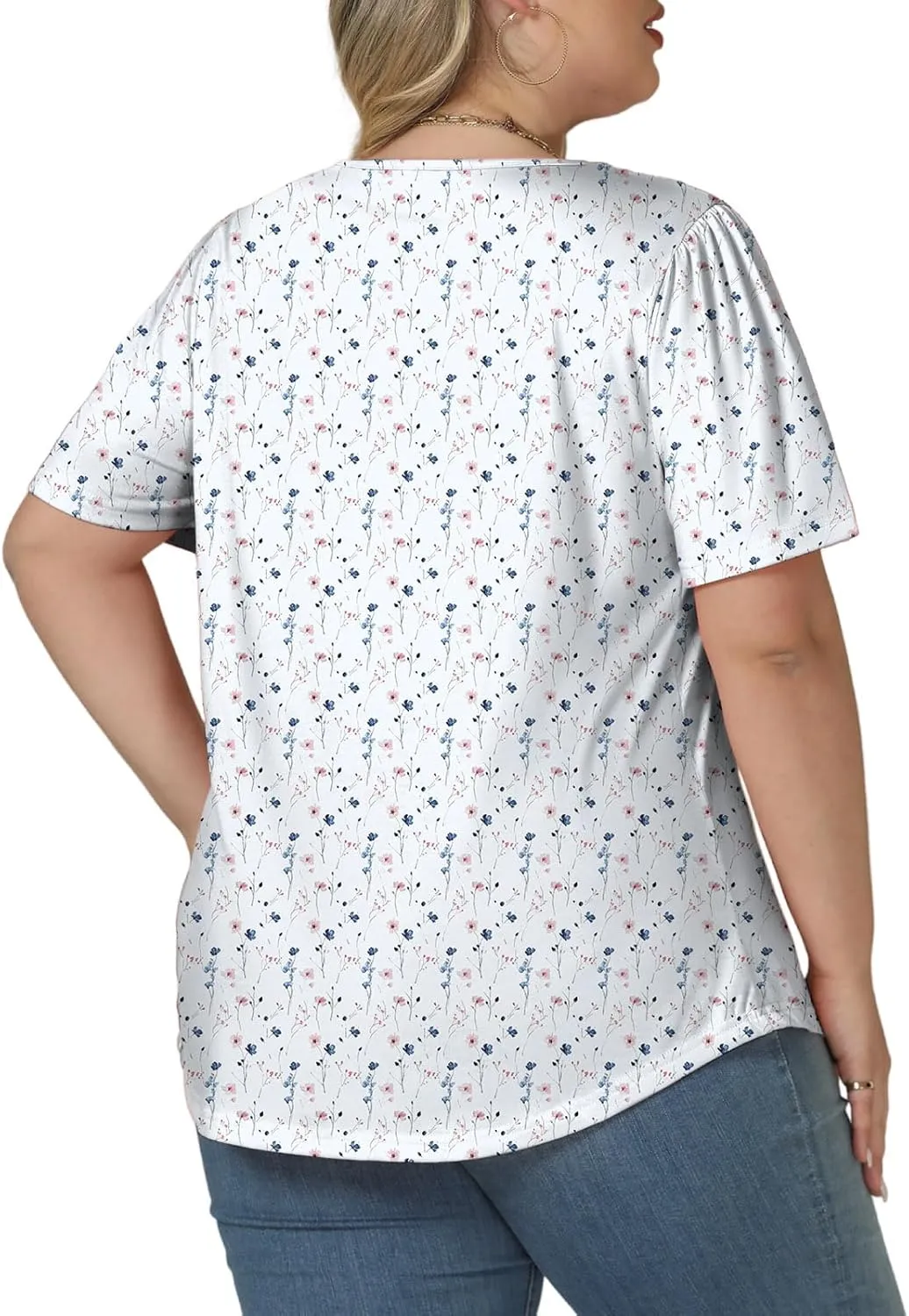 ROSRISS Plus Size Tops for Women Summer Flowy Pleated T Shirts Dressy Crew Neck Tees Casual Short Sleeve Blouses XL-5XL