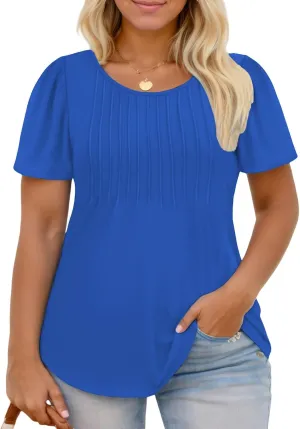 ROSRISS Plus Size Tops for Women Summer Flowy Pleated T Shirts Dressy Crew Neck Tees Casual Short Sleeve Blouses XL-5XL