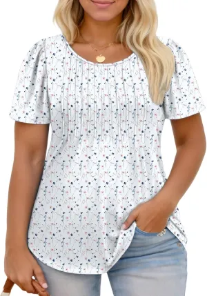 ROSRISS Plus Size Tops for Women Summer Flowy Pleated T Shirts Dressy Crew Neck Tees Casual Short Sleeve Blouses XL-5XL