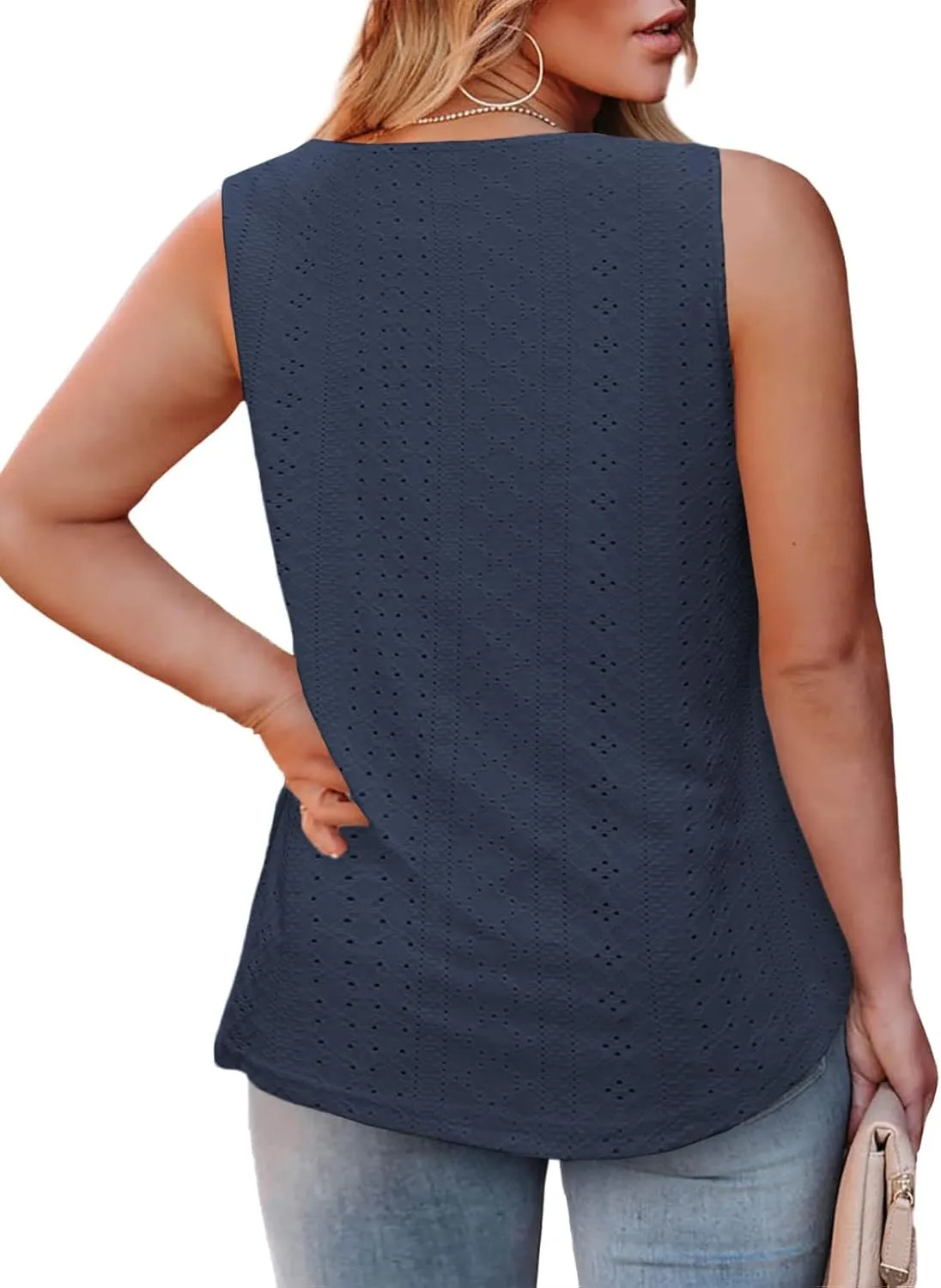 ROSRISS Womens-Plus-Size-Summer-Tank-Tops Cute V Neck Shirts Trendy Eyelet Sleeveless Blouses Casual Loose Tunics Tee XL-5XL