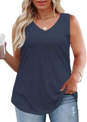 ROSRISS Womens-Plus-Size-Summer-Tank-Tops Cute V Neck Shirts Trendy Eyelet Sleeveless Blouses Casual Loose Tunics Tee XL-5XL