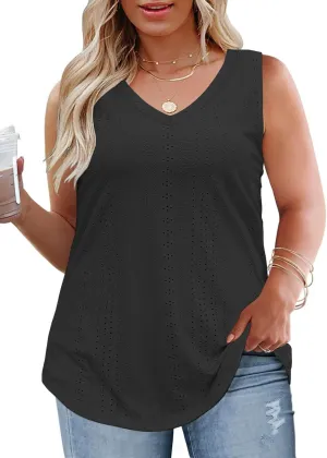 ROSRISS Womens-Plus-Size-Summer-Tank-Tops Cute V Neck Shirts Trendy Eyelet Sleeveless Blouses Casual Loose Tunics Tee XL-5XL