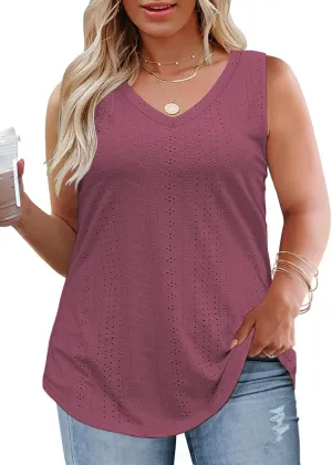 ROSRISS Womens-Plus-Size-Summer-Tank-Tops Cute V Neck Shirts Trendy Eyelet Sleeveless Blouses Casual Loose Tunics Tee XL-5XL