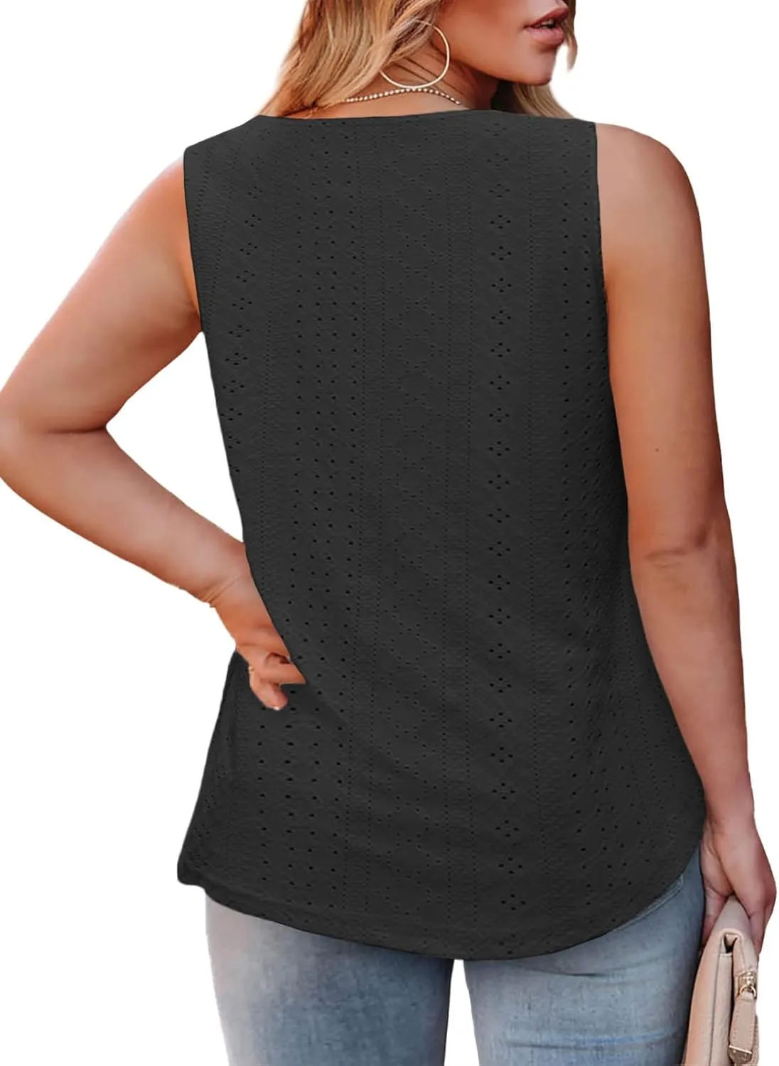 ROSRISS Womens-Plus-Size-Summer-Tank-Tops Cute V Neck Shirts Trendy Eyelet Sleeveless Blouses Casual Loose Tunics Tee XL-5XL