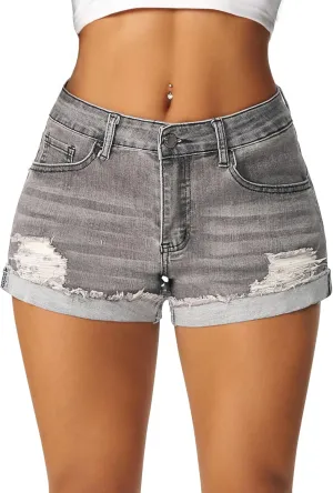 roswear Women's Ripped Mid Rise Stretchy Denim Jeans Shorts