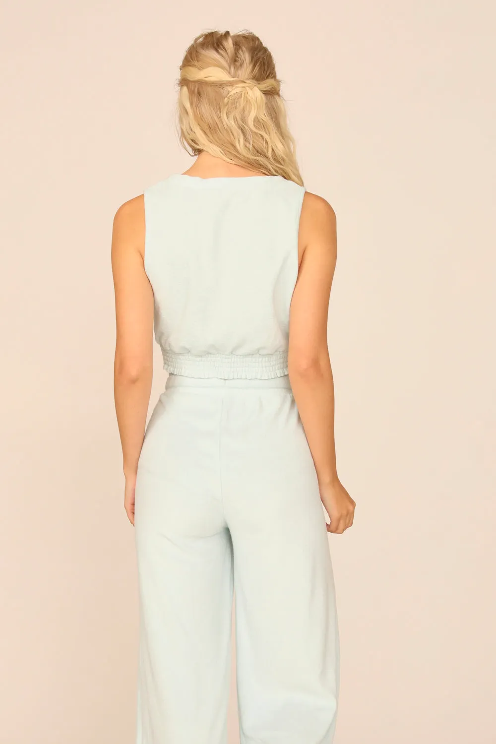 Salty Blue Terry Cloth Surplice W/ Smocked Waist