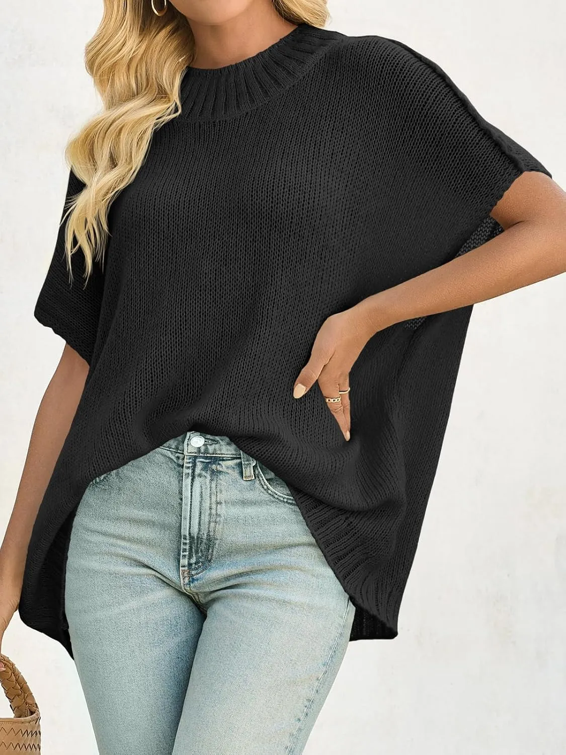 Saodimallsu Womens Oversized Sweater Tops Summer Lightweight Batwing Half Sleeve Casual Loose Knit Pullover Shirts