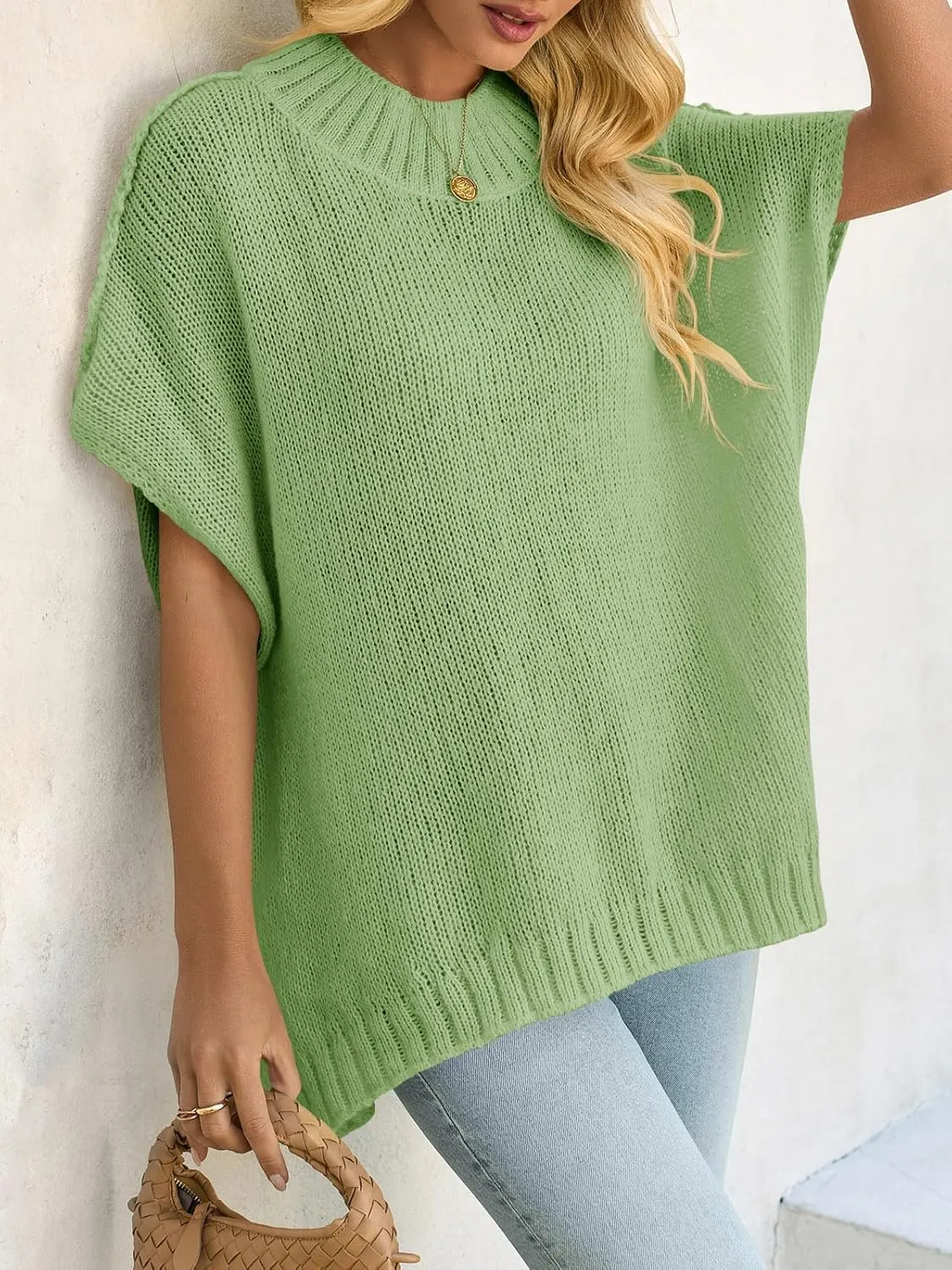 Saodimallsu Womens Oversized Sweater Tops Summer Lightweight Batwing Half Sleeve Casual Loose Knit Pullover Shirts
