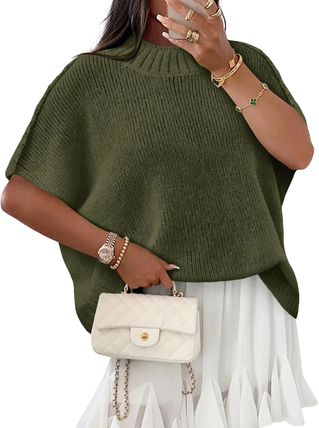 Saodimallsu Womens Oversized Sweater Tops Summer Lightweight Batwing Half Sleeve Casual Loose Knit Pullover Shirts