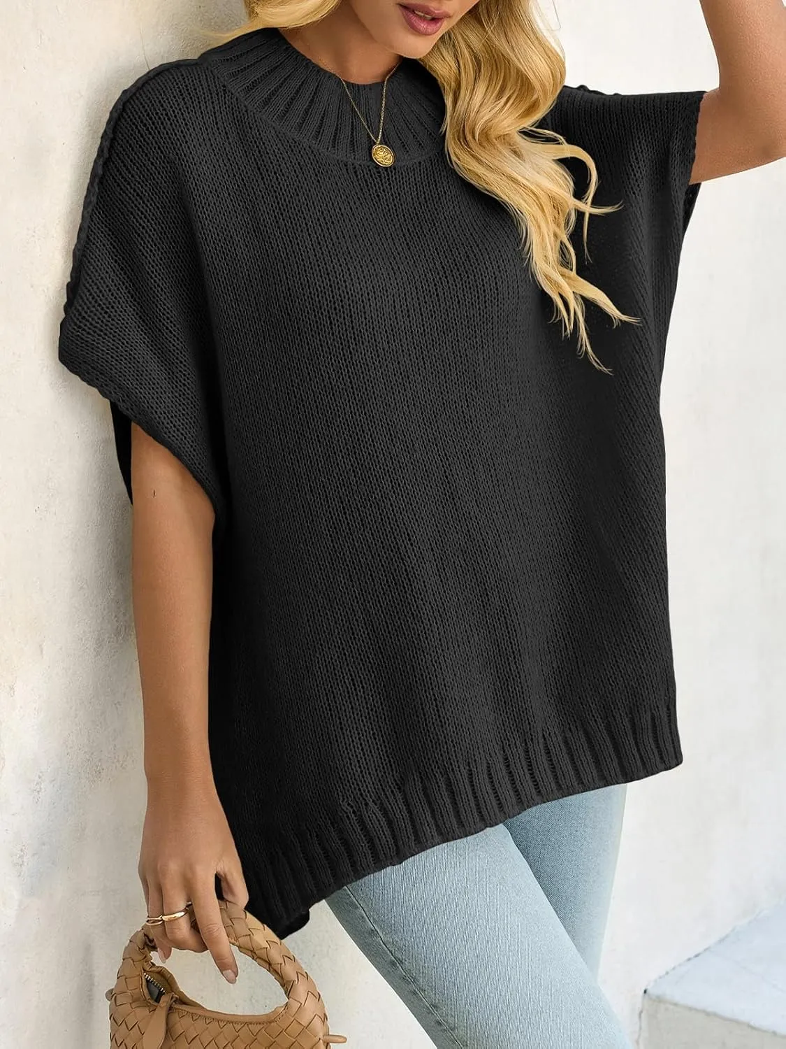 Saodimallsu Womens Oversized Sweater Tops Summer Lightweight Batwing Half Sleeve Casual Loose Knit Pullover Shirts