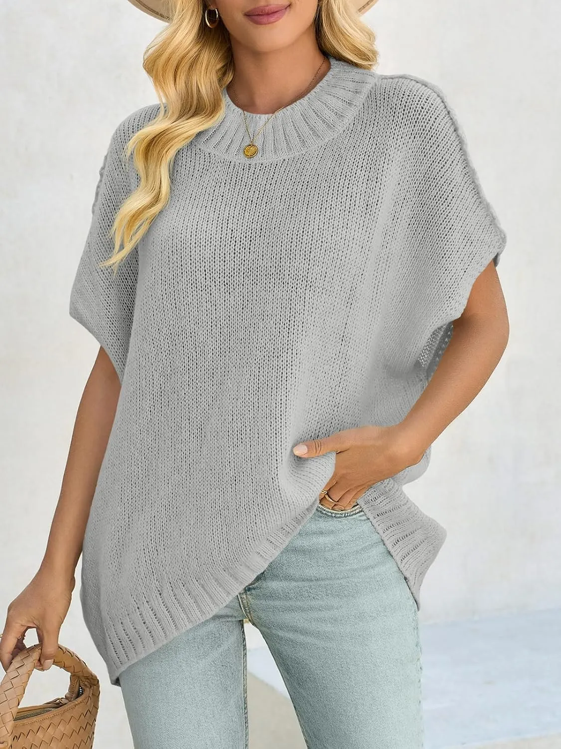 Saodimallsu Womens Oversized Sweater Tops Summer Lightweight Batwing Half Sleeve Casual Loose Knit Pullover Shirts